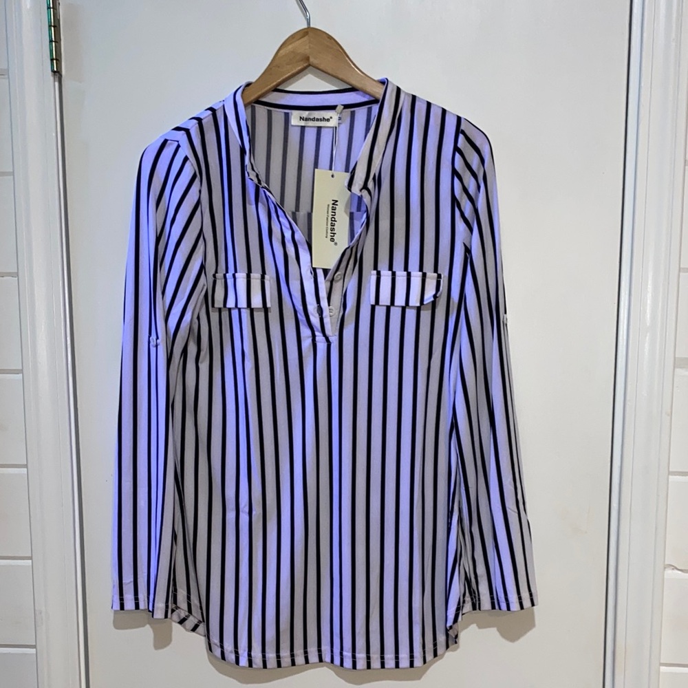 Nandashe Women's Striped V-Neck Blouse in Black and White
